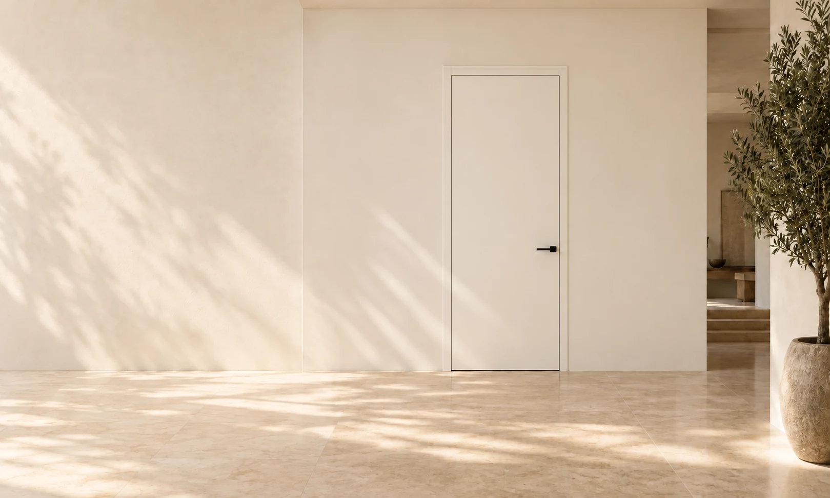 Conventional white framed door in the same concept interior