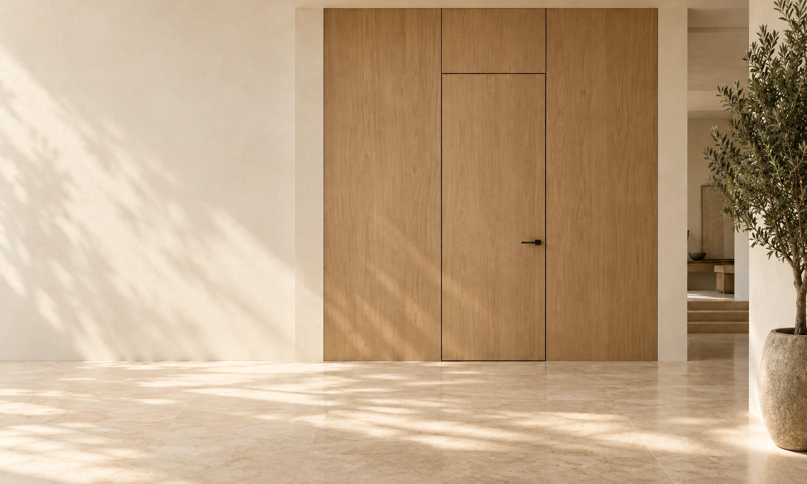 A full-height oak door with matching wall cladding in a bright, warm interior